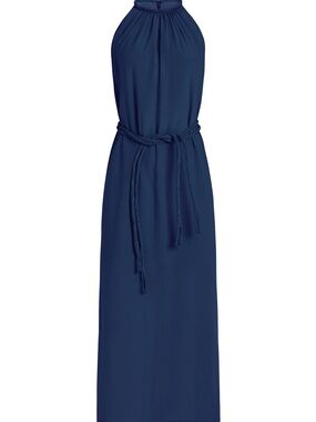 NWT Marie Oliver Navy Halter Maxi Dress with Rope Waist 100% silk